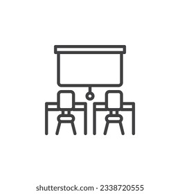 School classroom line icon. Chairs with desk and whiteboard linear style sign for mobile concept and web design. Classroom interior outline vector icon. Symbol, logo illustration. Vector graphics