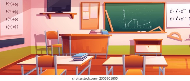 School classroom for Maths learning. Vector illustration of empty education class interior with teacher desk, blackboard, tables, chairs, bookcase and globe in contemporary art style