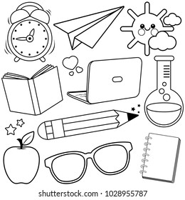 School and classroom objects. Vector black and white coloring page.