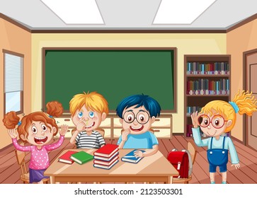 School classroom scene with happy students cartoon character illustration