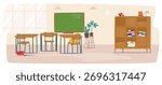 School classroom settings and interior design with furniture and blackboard cartoon background. Cozy learning environment, education space for children and academic atmosphere vector illustration