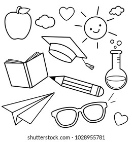 School and classroom sketch icons. Vector black and white coloring page.