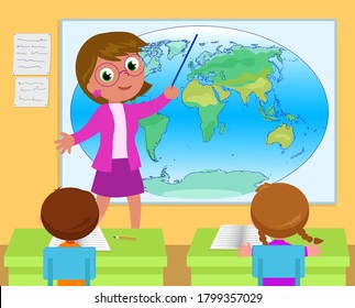 Escolaridad escolar con estudiantes y ilustración vectorial de la cartografía de los profesores de geografía