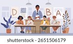 School classroom teacher students learning education diverse children writing at desks teacher standing background plants posters modern interior
