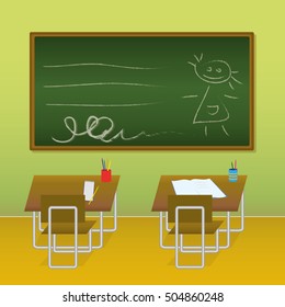 School classroom template with chair,  notebook, pen, chalk, desk. Blackboard vector illustration in flat style