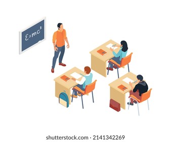 School classroom with three students at their desks teacher blackboard 3d isometric isolated vector illustration