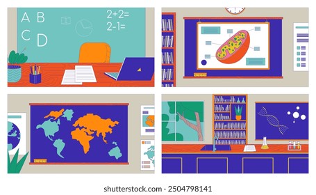 School classrooms for different courses cartoon flat illustration set. Education classes of natural sciences 2D interior colorful backgrounds. Learning scenes vector storytelling images collection