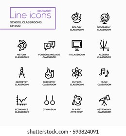 School Classrooms - modern vector single line icons set. Biology, classroom, geography, globe, foreign language, algebra, geometry, chemsitry, physics, music, economics, chart, gymnasium, astronomy.