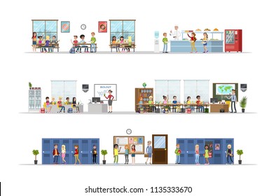 School classrooms set. Classrooms, dining room and hall. Getting education and knowledge. Vector flat illustration