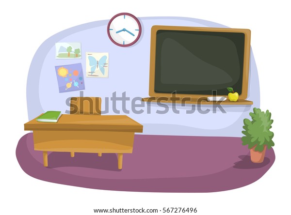 School Classrooom Teachers Desk Blackboard Clock Stock Vector