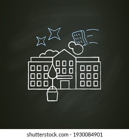 School cleaning chalk icon. Cleanup rooms. Classroom disinfection. Safety space and preventative measures. Cleaning service concept. Isolated vector illustration on chalkboard