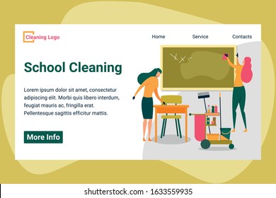 School Cleaning Service Website Design. Women Tidying up Class Flat Cartoon Vector Illustration. Woman Wiping Blackboard, Girl Washing Desk or Table with Rag. Trolley with Spray, Powder.