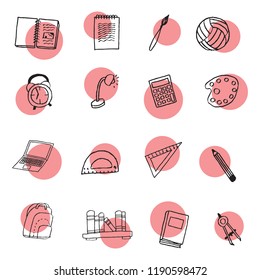 School Clipart. Back to School hand drawn icons in doodle fun style. Vector illustration.