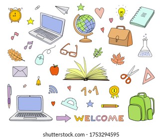 School clipart. Hand drawn doodle vector objects. Set of education elements. Alarm, laptop, book, bag. Back to school design illustration