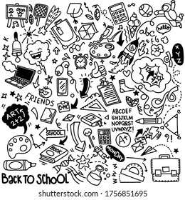 School clipart. Vector doodle school icons and symbols. Hand drawn stadying education objects, illustration for coloring book