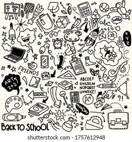 School clipart. Vector doodle school icons and symbols. Hand drawn stadying education objects
