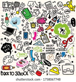 School clipart. Vector doodle school icons and symbols. Hand drawn stadying education objects