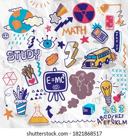 School clipart. Vector doodle school icons and symbols. Hand drawn studying education objects