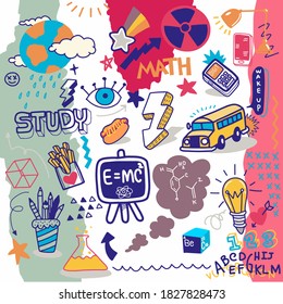 School clipart. Vector doodle school icons and symbols. Hand drawn studying education objects