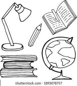 
School clipart. Vector doodle school icons and symbols. Hand drawn stadying education objects. Cute scandinavian style vector. Isolated on white background.