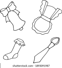 School clipart. Vector doodle school icons and symbols. Hand drawn stadying education objects. Cute scandinavian style vector. Isolated on white background. Apron, tie, bell, knee-highs