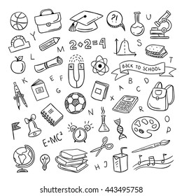 School clipart. Vector doodle school icons and symbols. Hand drawn stadying education objects