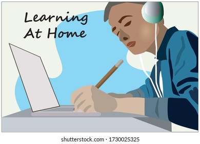 School was close, student need to study from home, stay at home to stop corona virus infection. So kid learning at home with computer and headphone