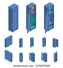 School closet. Big set of vector elements. Wardrobe, storage of personal belongings of schoolchildren. Isometric furniture in different angles. Vector game illustration in cartoon style. Back school