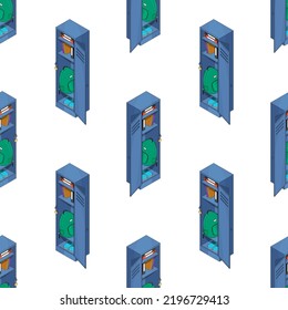 School closet seamless pattern. Big set of vector elements. Wardrobe, storage of personal belongings of schoolchildren. Isometric furniture in different angles. Vector illustration in cartoon style.