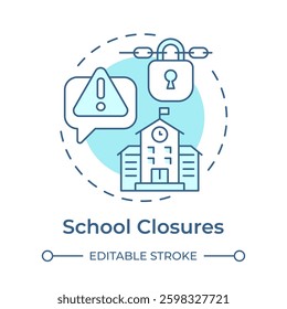 School closures soft blue concept icon. Education facilities shut down due to emergencies. Public safety. Round shape line illustration. Abstract idea. Graphic design. Easy to use in application