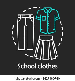 School clothes, uniform chalk concept icon. Elementary grade student official fashion idea. Men and women formal apparel. T shirt, pants and long skirt vector isolated chalkboard illustration