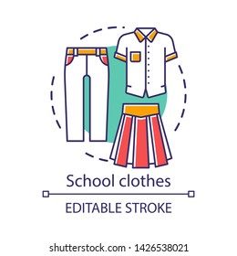 School clothes, uniform concept icon. Student official fashion idea thin line illustration. Men and women formal apparel. T shirt, pants and long skirt vector isolated outline drawing. Editable stroke