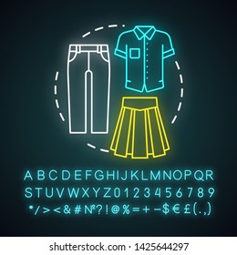 School clothes, uniform neon light concept icon. Elementary grade student fashion idea. Glowing sign with alphabet, numbers and symbols. T shirt, pants and long skirt vector isolated illustration