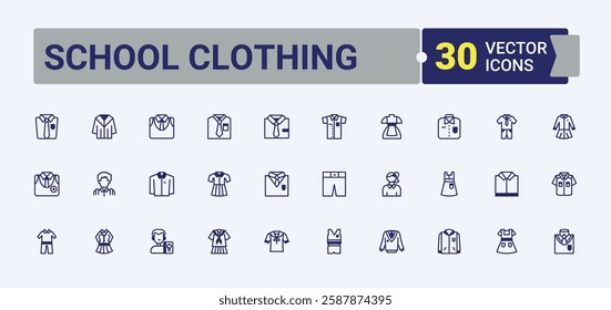 School Clothing vector icon set. Includes icons for back, children, education, cloth, bag, character and more. Icon design. Solid line editable stroke. Vector line and solid icons.