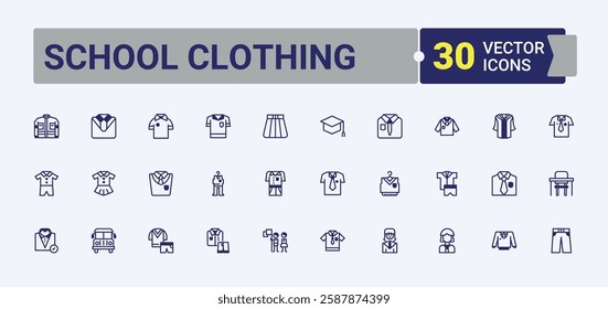 School Clothing vector icon set. Includes icons for back, children, education, cloth, bag, character and more. Icon design. Solid line editable stroke. Vector line and solid icons.