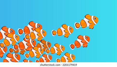 School of clownfish swims in ocean. Shoal of fish swimming under water of sea. Coral reef dweller.