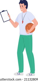 School coach semi flat color vector character. Standing figure. Full body person on white. Trainer holds clipboard and ball isolated modern cartoon style illustration for graphic design and animation