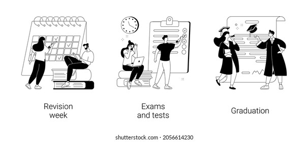 School and college activity abstract concept vector illustration set. Revision week, exams and tests, graduation, exam timetable, stress and anxiety, academic degree, form sheet abstract metaphor.