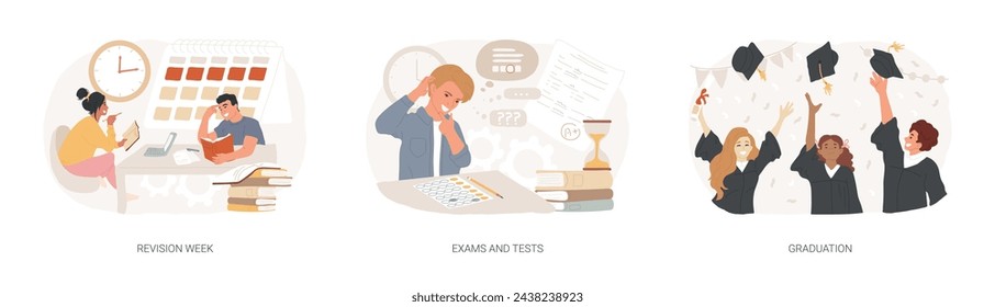 School and college activity isolated concept vector illustration set. Revision week, exams and tests, graduation, exam timetable, stress and anxiety, academic degree, form sheet vector concept.