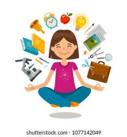 School, college concept. Funny student sitting in lotus pose. Vector illustration