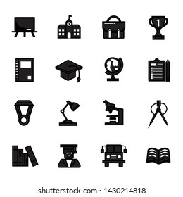 School College Education Elements Solid Black Silhouette Vector Icon Set Pack Illustration