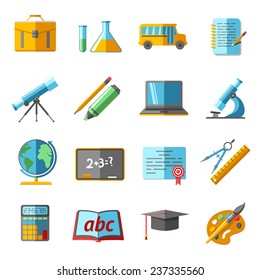 School college education flat pictograms collection with globe chemistry retort schoolbag graduation diploma abstract isolated vector illustration