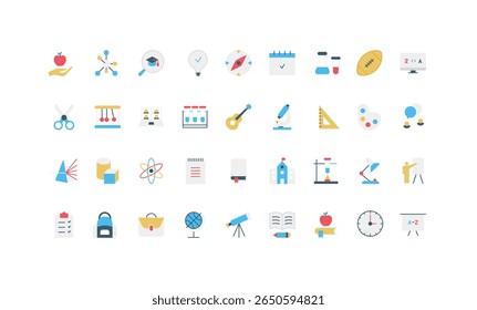 School and college education, science learning and knowledge, lecture of teacher, online class color icon set. Graduation hat, backpack and ruler, book, telescope of student flat vector illustration