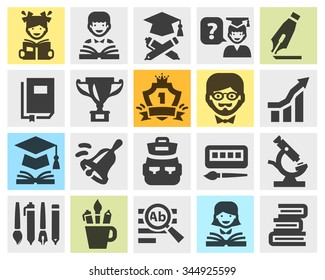 school, college, education set black icons. signs and symbols