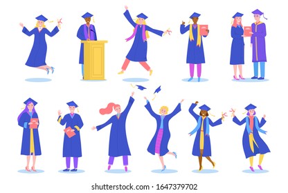 School or college graduation students set isolated on white background vector illustrations. Different nationalities academic education students in graduation gowns and caps happy with diploma.
