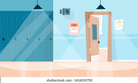 School or college hall. Empty room interior. Hallway or corridor with locker in a row. Education building inside. Vector illustration in cartoon style