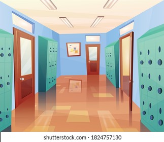 School, college hallway with open and closed doors, storage lockers, notice board. Cartoon vector illustration for kids game or web.