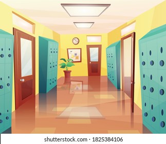 School, college hallway with open and closed doors, storage lockers, notice board. Cartoon vector illustration for kids game or web.