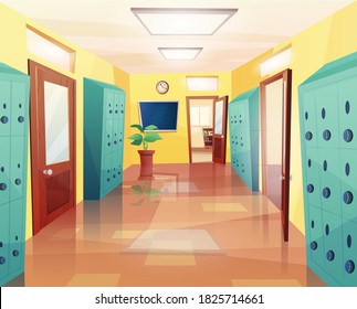 School, college hallway with open and closed doors, clock on the wall, storage lockers, notice board. Cartoon vector illustration for kids game or web.