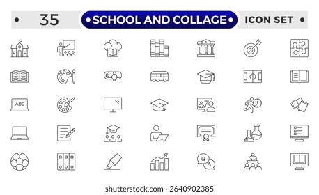School and College Outline Icon Set. Back to School, College, Study Tools, and Education Vector Collection.
